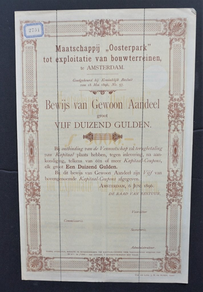 Mij.Oosterpark tot Exploitatie van Bouwterreinen/A'dam 1896, Verzenden, Voor 1920, Aandeel