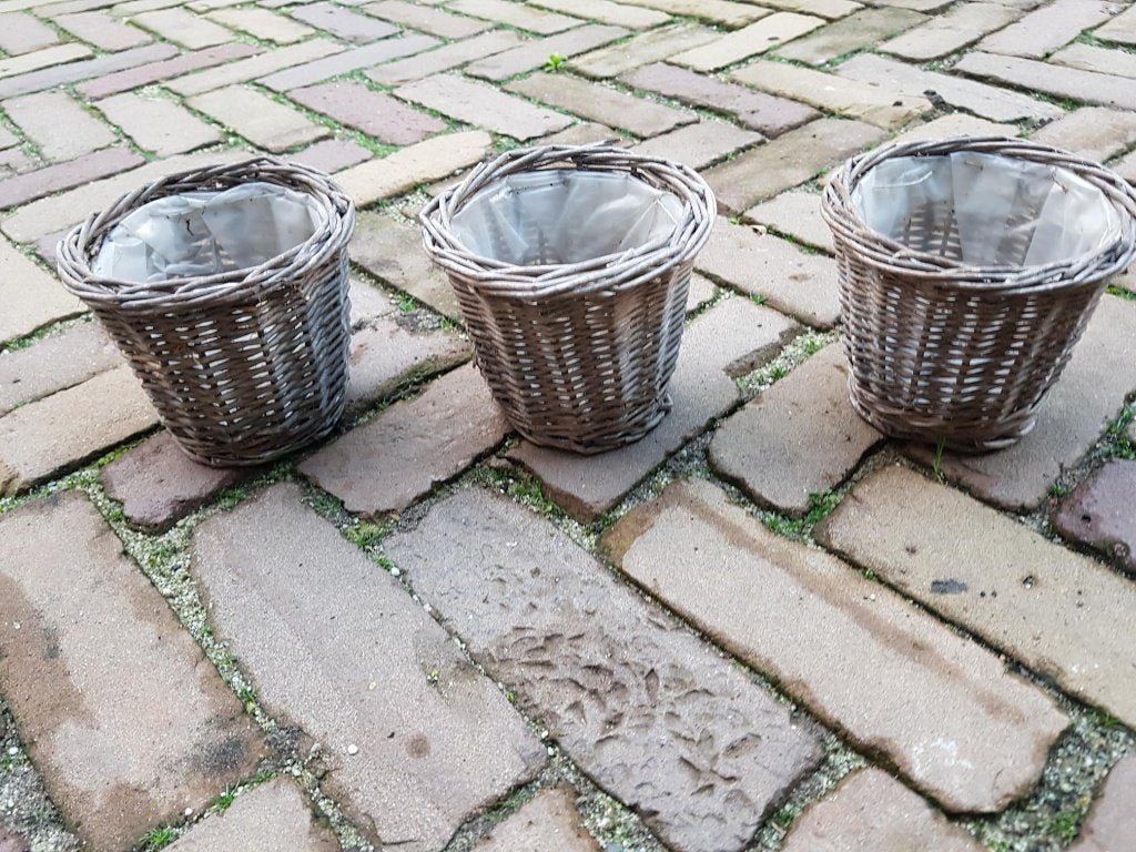 3 rieten bloempotjes rond 13 cm en 10 cm hoog, Ophalen, Overige materialen, Rond, Zo goed als nieuw