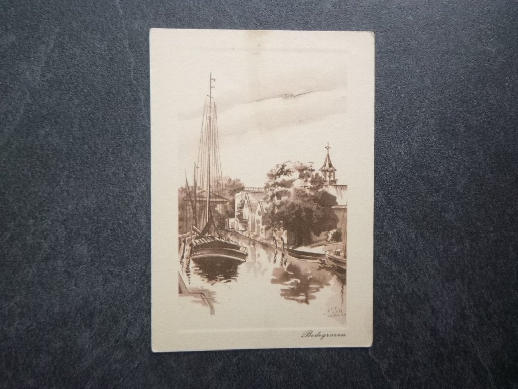 Bodegraven, prov. stempeltocht 1943 sepia tekening, Verzamelen, Ansichtkaarten | Nederland, Verzenden, 1980 tot heden, Ongelopen