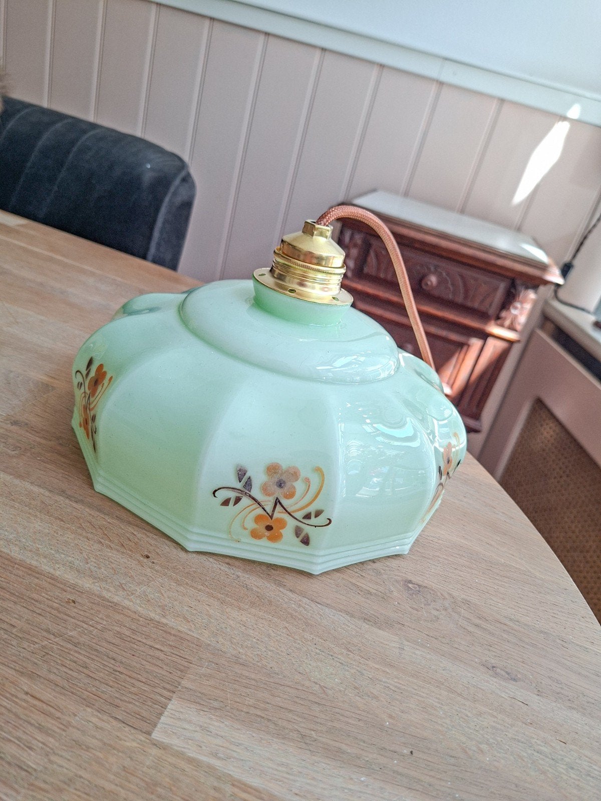 Vintage Opaliet Plafondlamp - Mintgroen met Bloemen, Ophalen of Verzenden