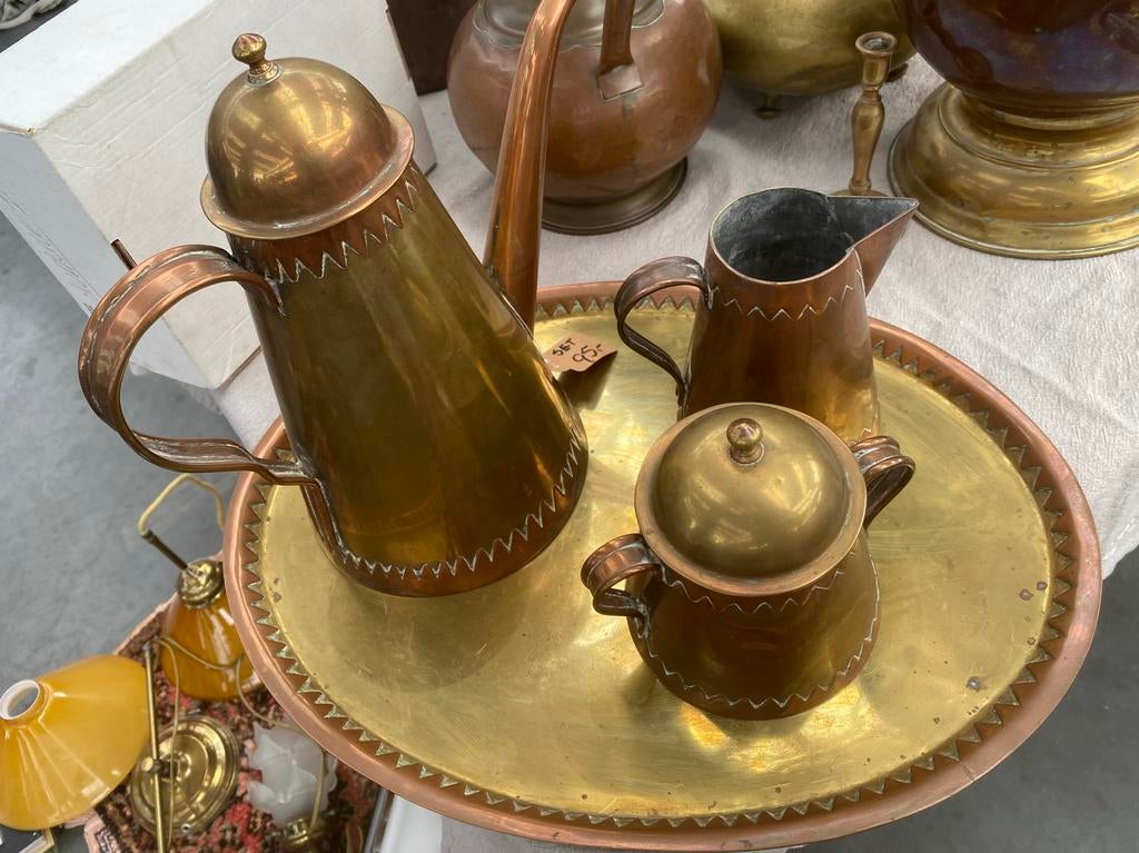 Antiek Koperen Koffie- en Theeservies met Dienblad, Antiek en Kunst, Ophalen