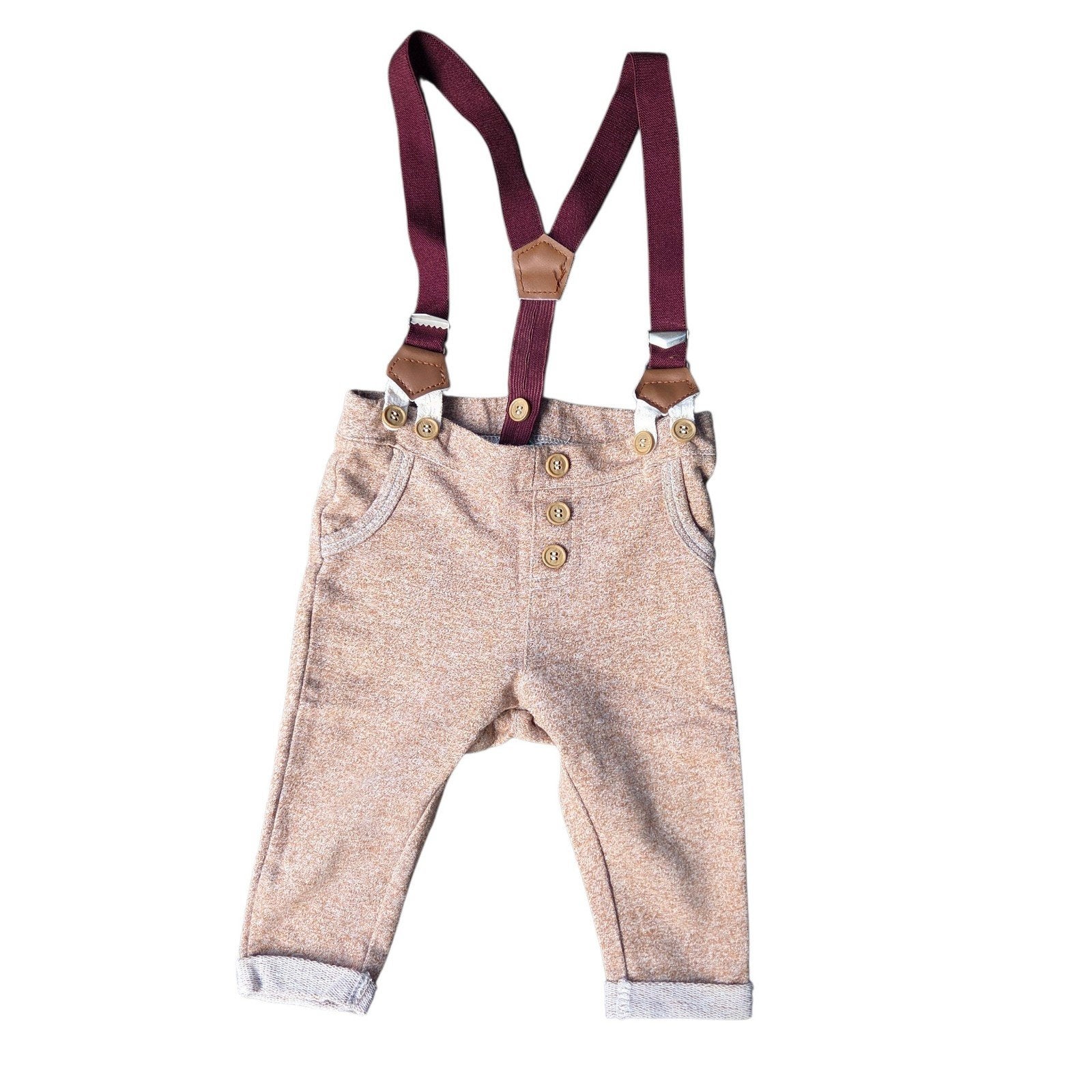 HEMA babybroekje met bretels maat 62 | Beige mêlee | Unisex, Ophalen of Verzenden, Zo goed als nieuw, Jongetje of Meisje, Broekje
