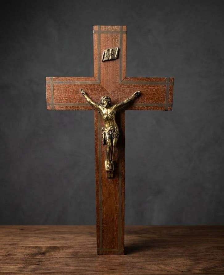 Antiek houten kruisbeeld met bronzen corpus van Jezus, Antiek en Kunst, Ophalen of Verzenden
