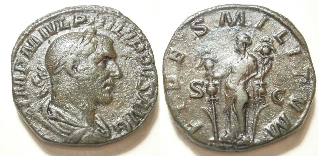 Romeinse munt Philippus I Sestertius -FIDES MILITVM S-C-, Ophalen of Verzenden, Overige landen, Losse munt