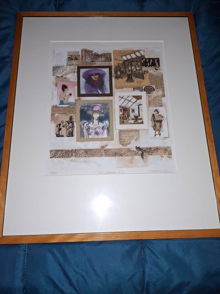 Ingelijste collage litho, gesigneerd en genummerd, Antiek en Kunst, Ophalen