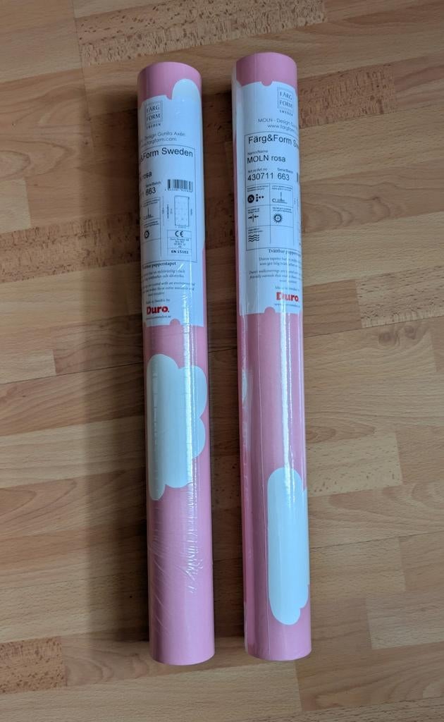 Twee rollen Färg & Form Sweden behang roze met wolken, Ophalen of Verzenden, Minder dan 10 m², Roze