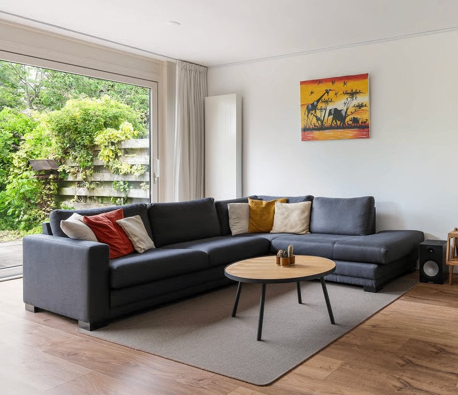 Hoekbank antraciet (stof), Huis en Inrichting, Banken | Bankstellen, Ophalen, 250 tot 300 cm, Gebruikt, Hoekbank