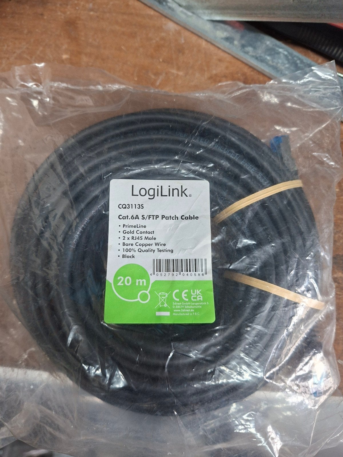 LogiLink Cat.6A S/FTP Patchkabel - 20m Zwart, Computers en Software, Ophalen of Verzenden, Nieuw