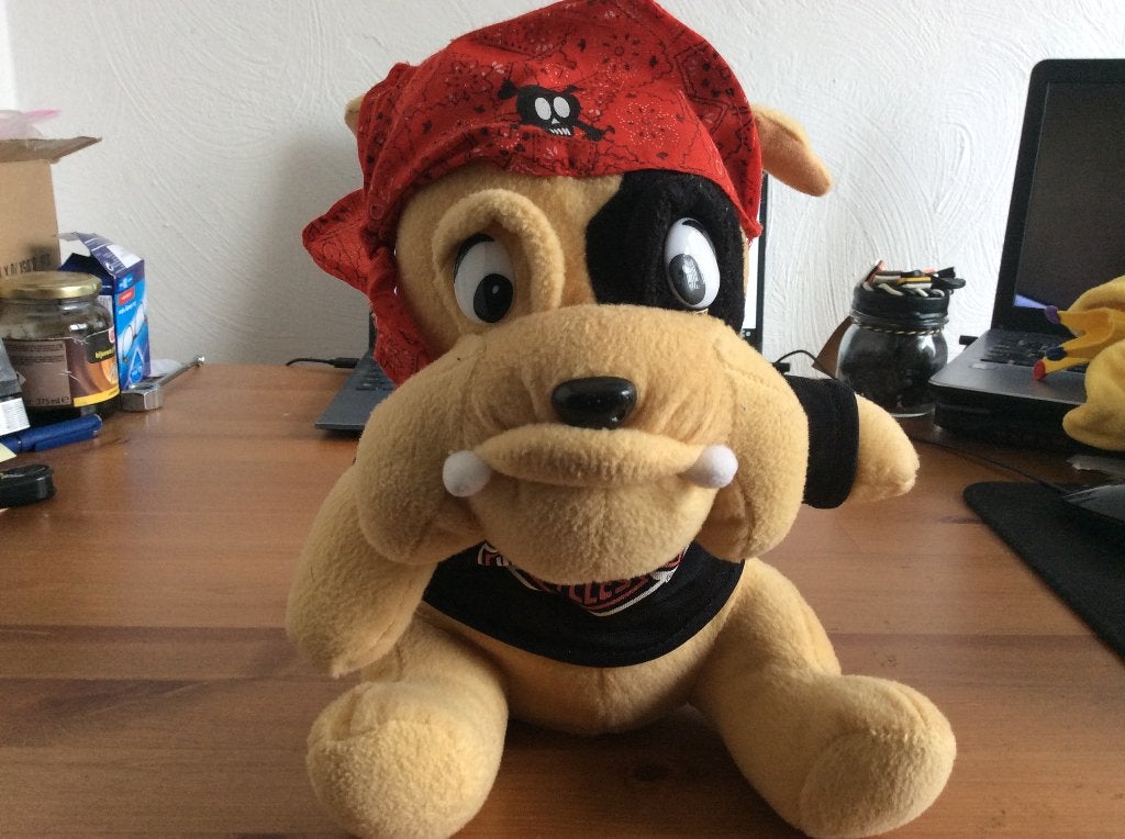 Buldog knuffel met bandana en Harley Davidson shirt. 22 cm, Ophalen of Verzenden, Gebruikt, Hond, Met kleding of accessoire