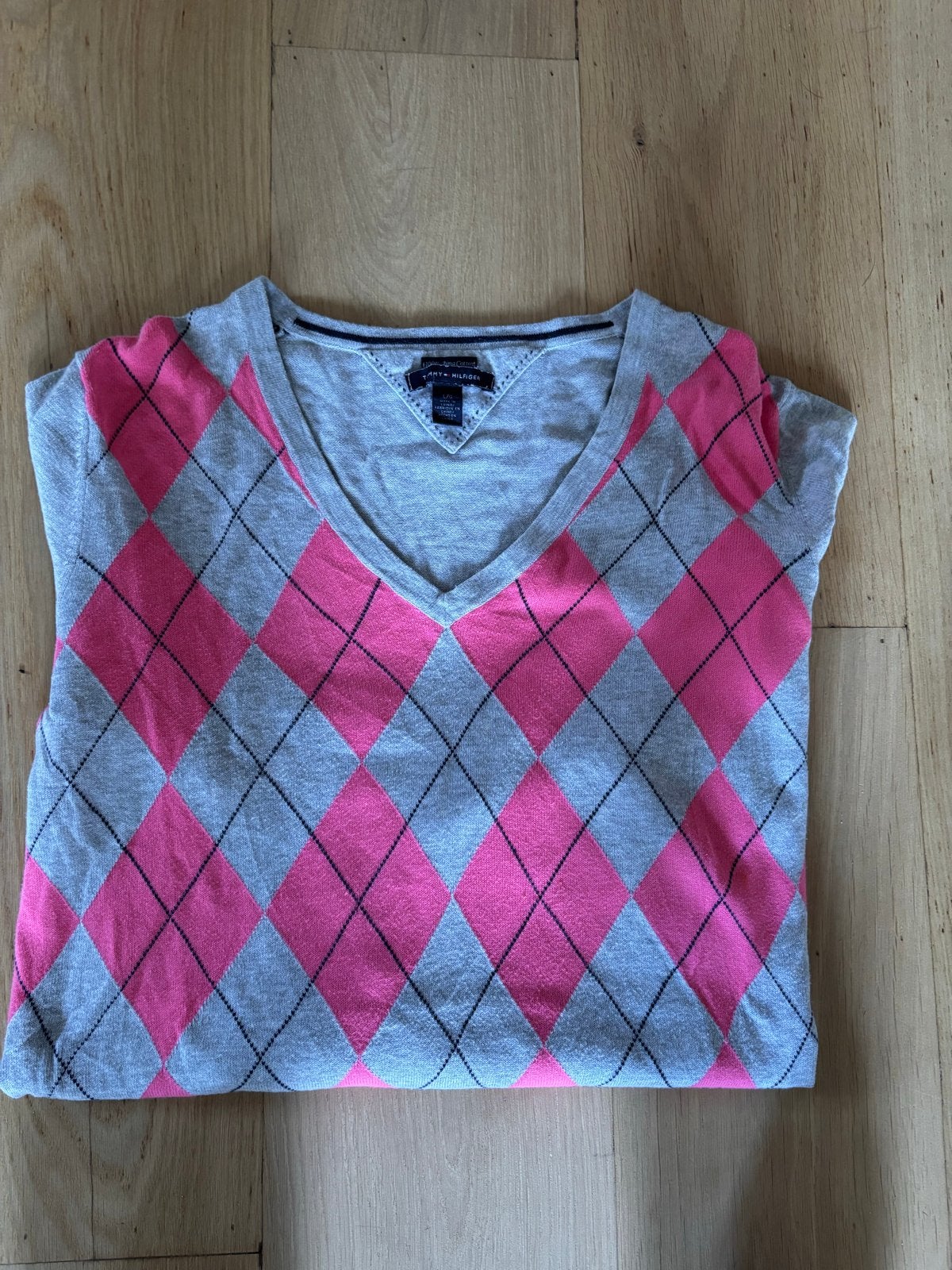Tommy Hilfiger V-hals trui argyle patroon roze/grijs, Ophalen of Verzenden, Nieuw, Maat 42/44 (L), Roze