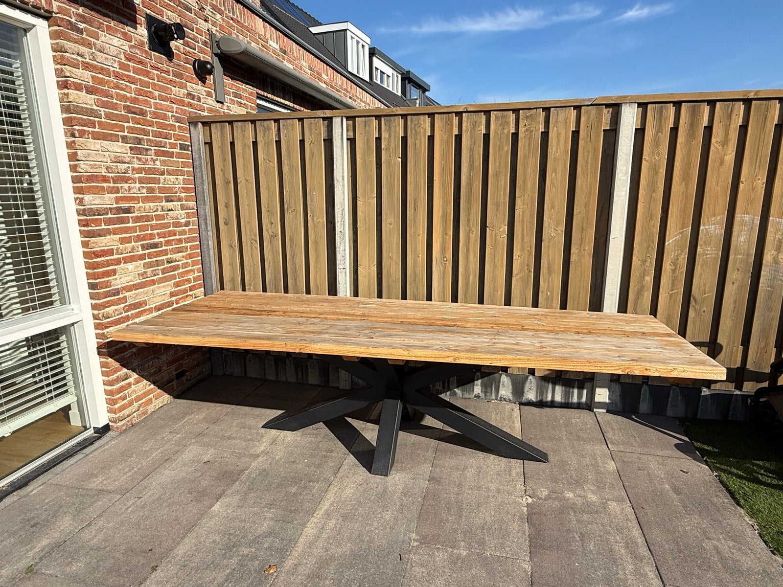 Tuintafel met matrix XL tafelpoot 300x100 cm, Tuin en Terras, Ophalen, Zo goed als nieuw, Rechthoekig, Hout