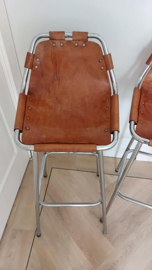 Vintage Les Arcs  Charlotte Perriand barkrukken, Cassina, Gebruikt, 60 tot 90 cm, Ophalen of Verzenden, Leer
