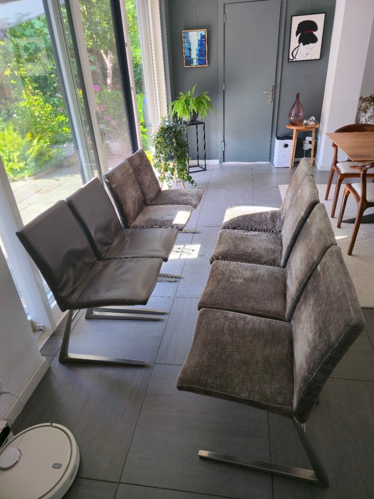 Set van 8 BoConcept eetkamerstoelen (stof & leer), Huis en Inrichting, Stoelen, Ophalen, Gebruikt, Design, Leer