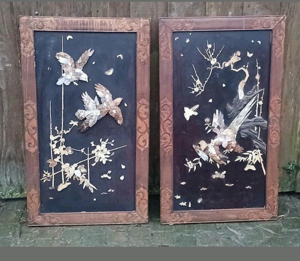 Twee Vintage Aziatische Wandpanelen met Vogels, Ophalen of Verzenden