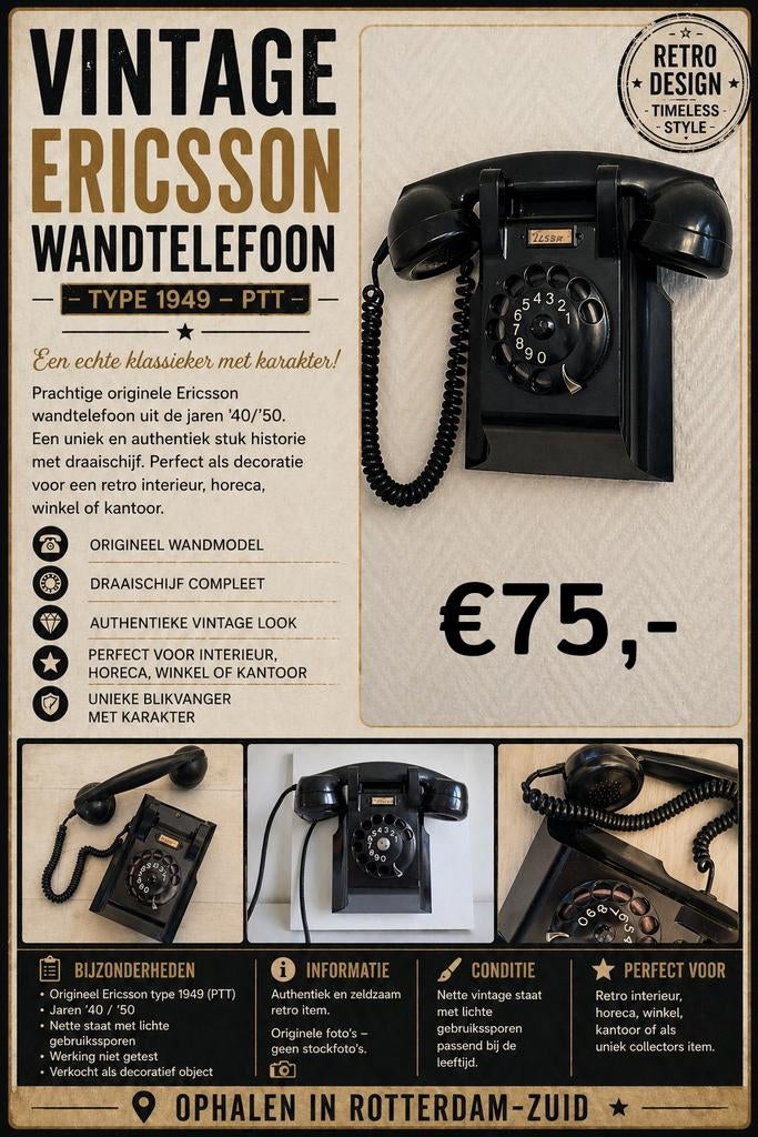 Vintage Ericsson Wandtelefoon Type 1949 PTT - Jaren '40/'50, Telecommunicatie, Ophalen, Gebruikt
