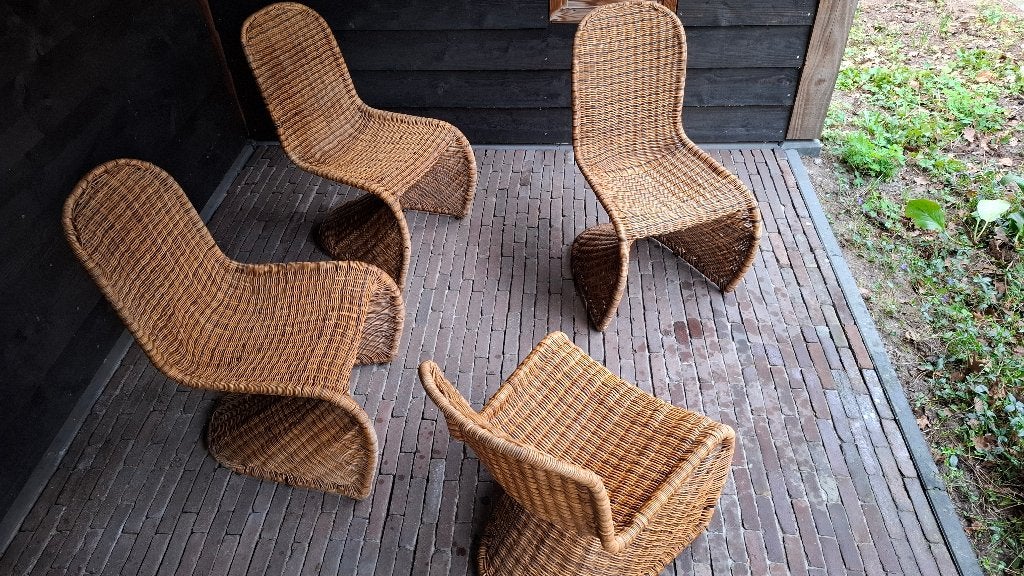 Vintage design rotan S-stoelen, Huis en Inrichting, Stoelen, Ophalen, Gebruikt, Bruin, Riet of Rotan