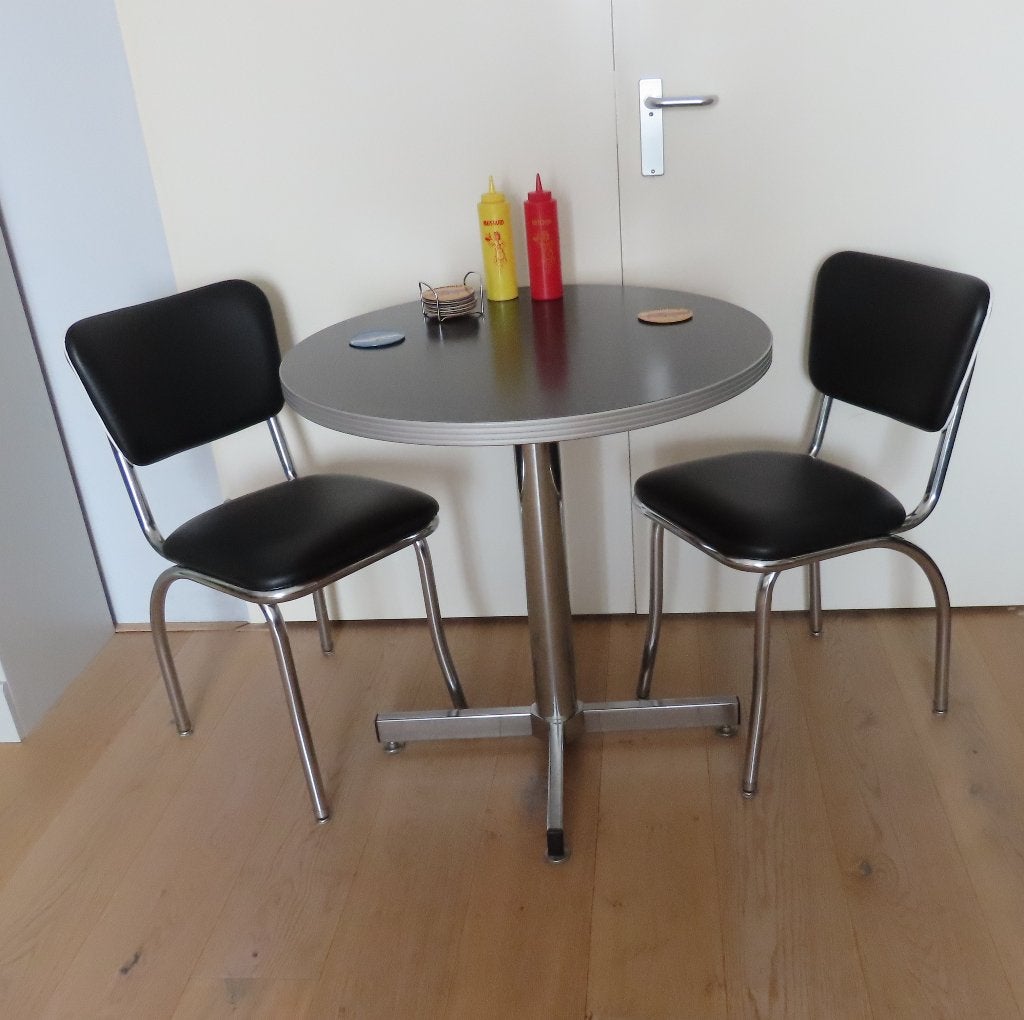 Bel-Air Retro Diner Set Ronde Tafel + 2 Stoelen - Blackstone, 50 tot 100 cm, Rond, Tot twee personen, 50 tot 100 cm
