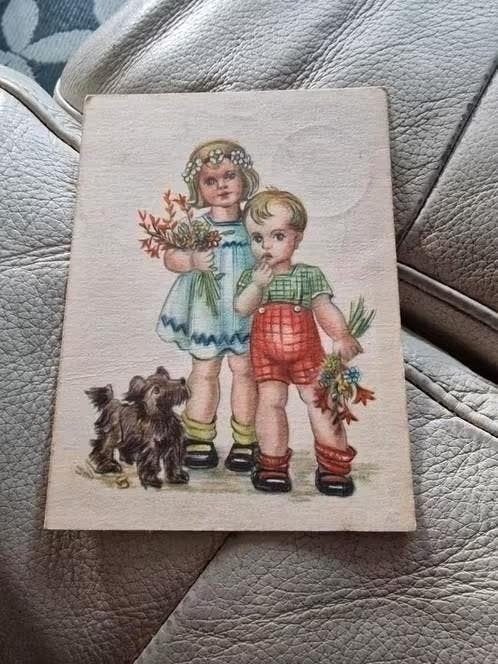 Oude fantasie kaart 1954 - Kinderen met hondje, Ophalen of Verzenden