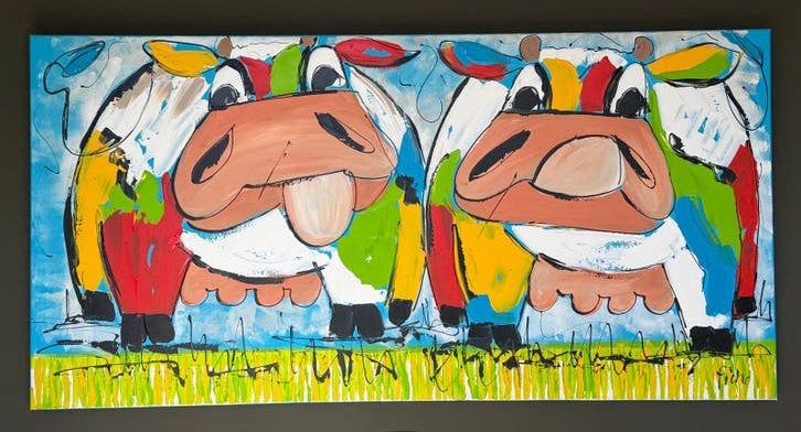 Schilderij 'Vrolijke Koeien' van Fiore (140x70 cm), Ophalen of Verzenden