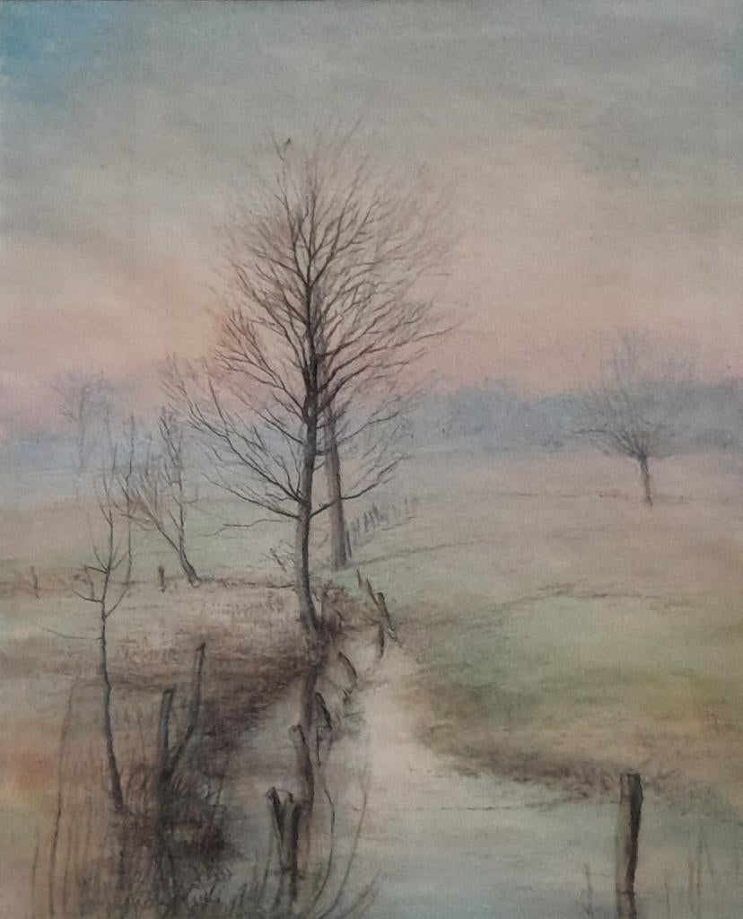 Landschap bij Woolde, Hengelo 1961 - schilderij met lijst, Ophalen, Minder dan 50 cm, Gebruikt, Oorspronkelijke maker