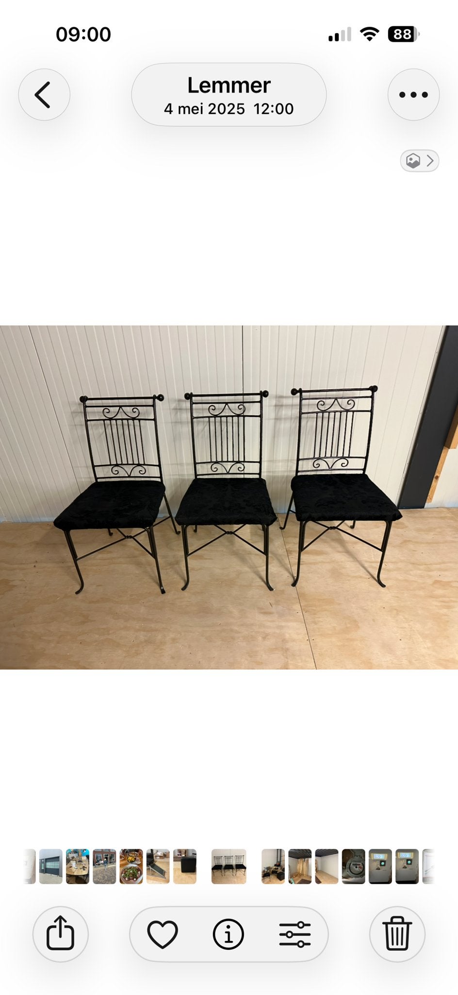 3 Gietijzeren Stoeltjes met Stoffen Bekleding, Ophalen, Gebruikt, Drie, Zwart