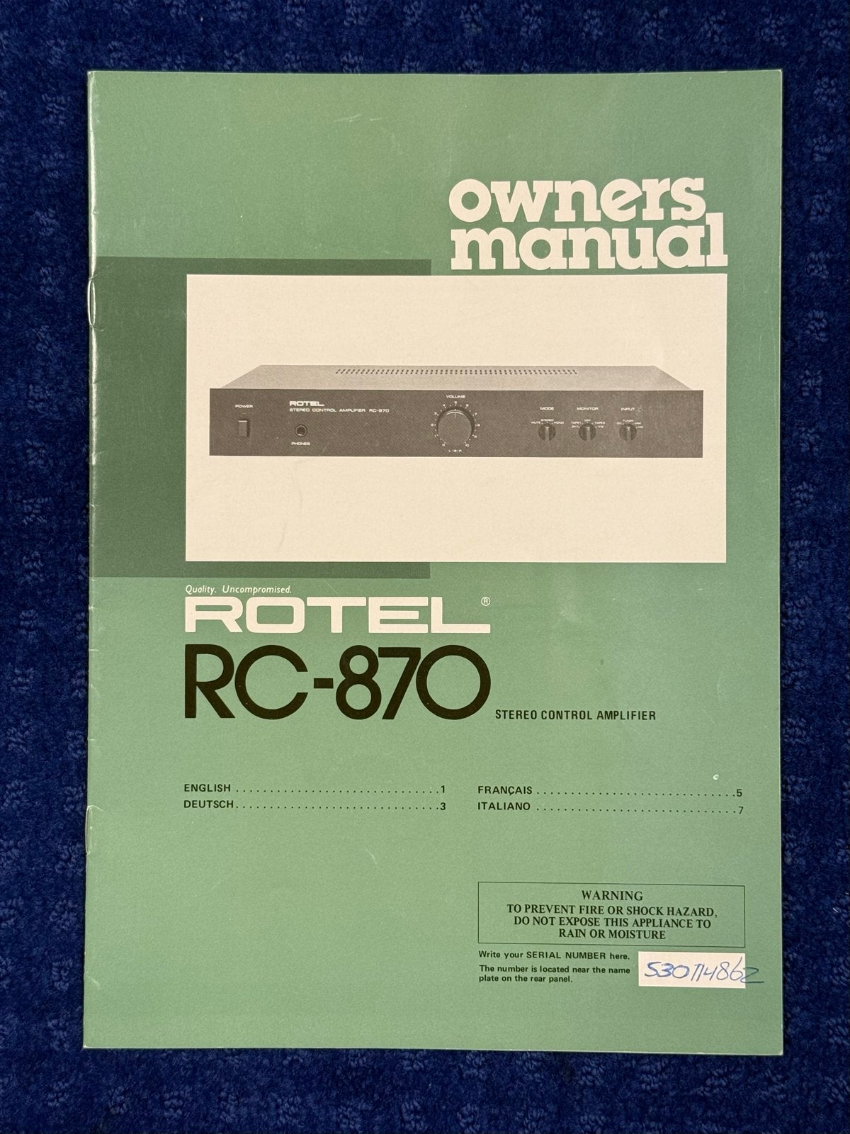 Rotel RC-870 Stereo preamp - orginele Handleiding, Ophalen of Verzenden, Gebruikt, Minder dan 60 watt, Overige merken