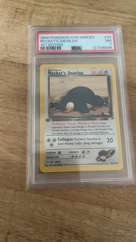 Pokemon Rocket’s snorlax PSA 7 first edition, Ophalen of Verzenden, Zo goed als nieuw