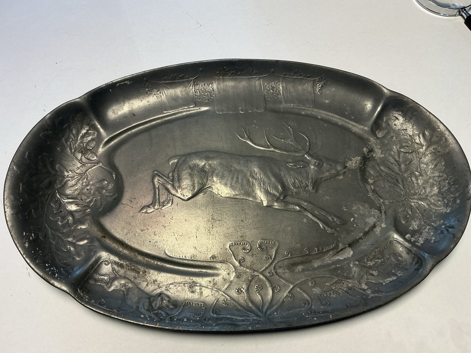 Antieke Kayserzinn 4345 schaal met hertmotief., Ophalen of Verzenden