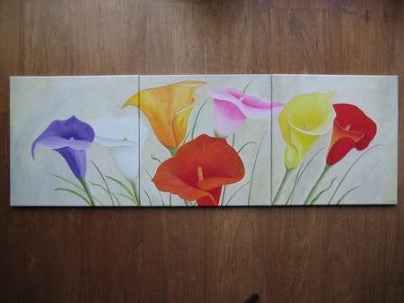 Handgeschilderd: 3 luik kleurige Calla's (120 x 40 cm), Ophalen, Oorspronkelijke maker, Nieuw, Schilderij