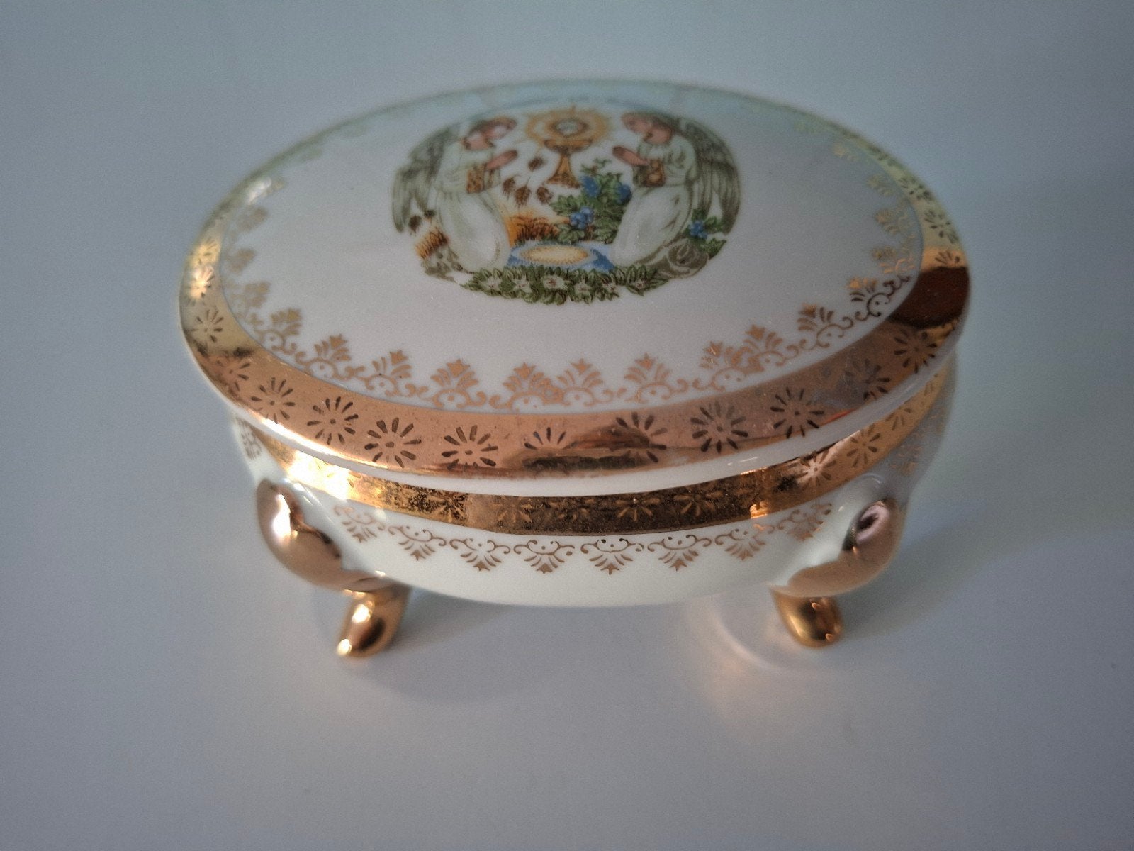 Brocante porseleinen communie doosje met engelen, Antiek en Kunst, Ophalen of Verzenden