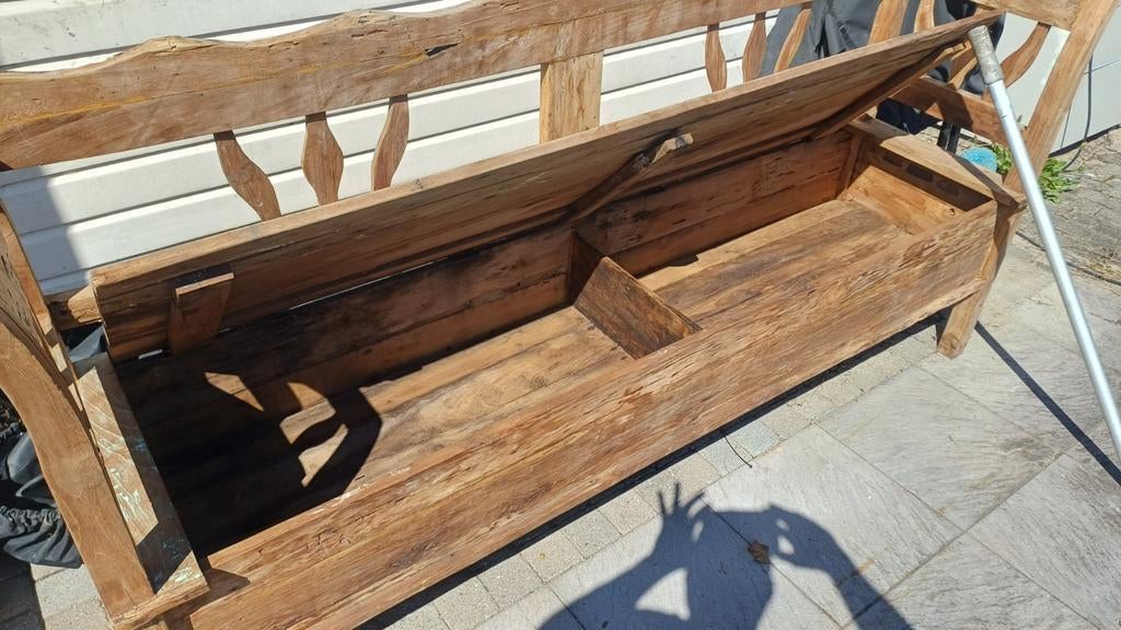 Teak houten klepbank met opbergruimte, Ophalen