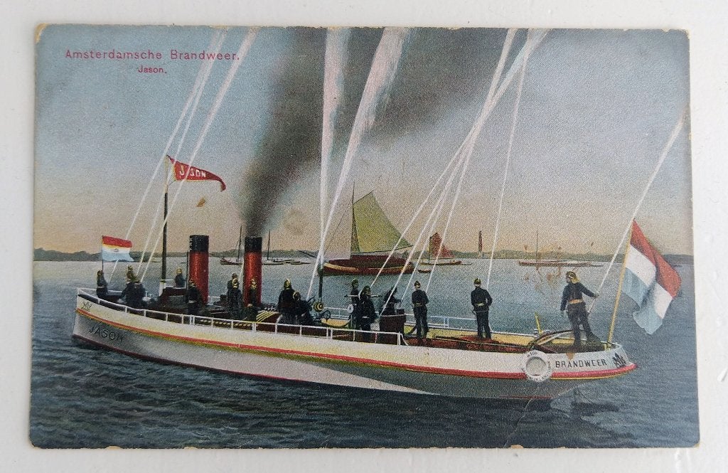 Ansichtkaart Amsterdamsche Brandweer Blusboot 'Jason' - 1910, Ophalen of Verzenden, Voor 1920, Gelopen, Noord-Holland