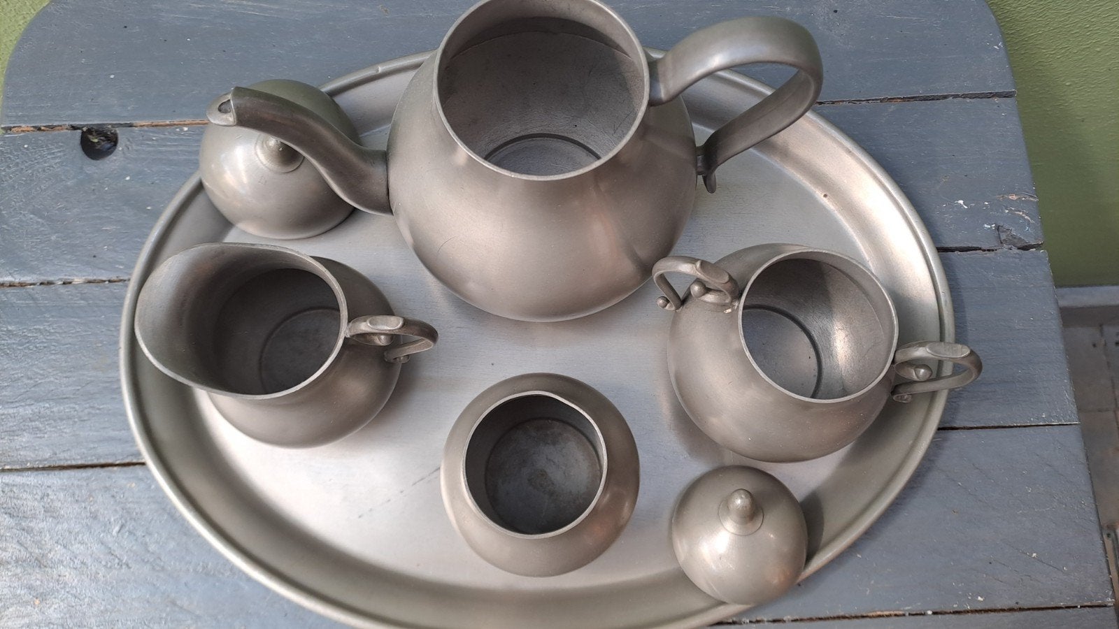 Prachtig 5-delig Vintage Tinnen Theeservies – G. Kurz Tiel, Antiek en Kunst, Ophalen of Verzenden
