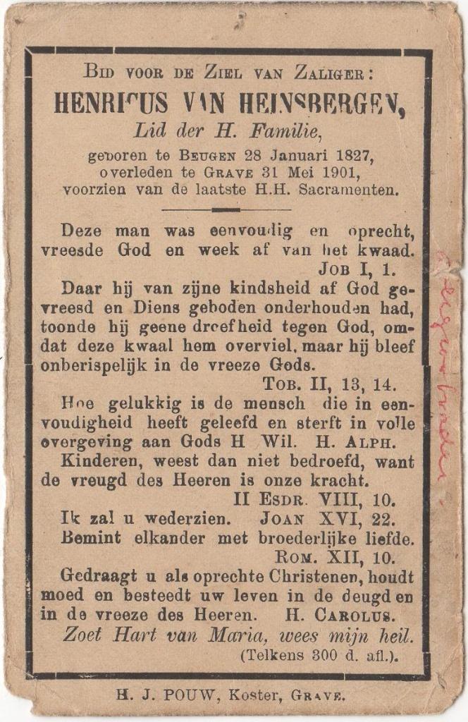 Henricus van Heinsbergen 1827 Beugen + 1901 Grave, 74 jr, Verzenden