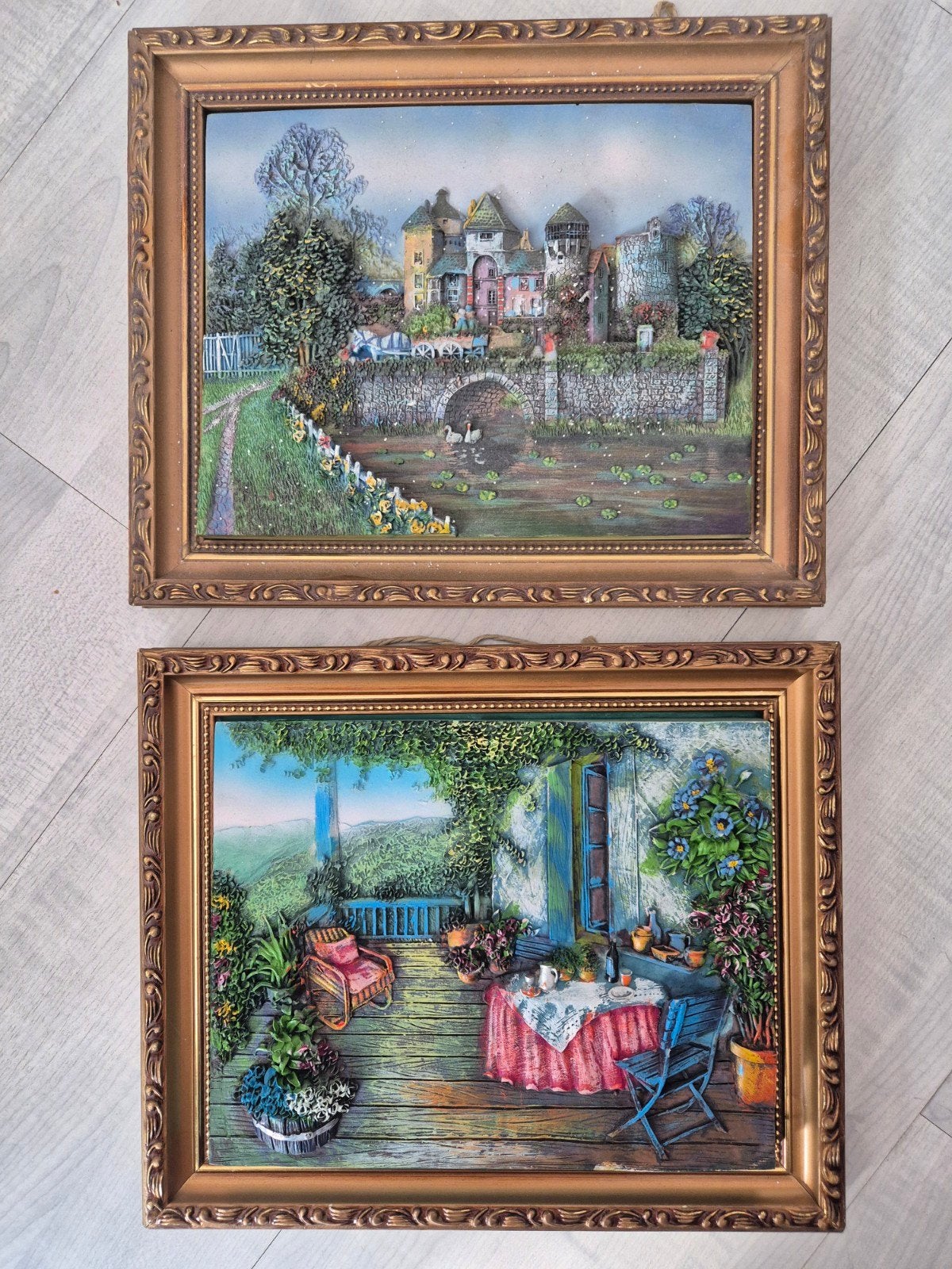 Set van 2 ingelijste 3D-schilderijen: Kasteel en Terras, Ophalen of Verzenden