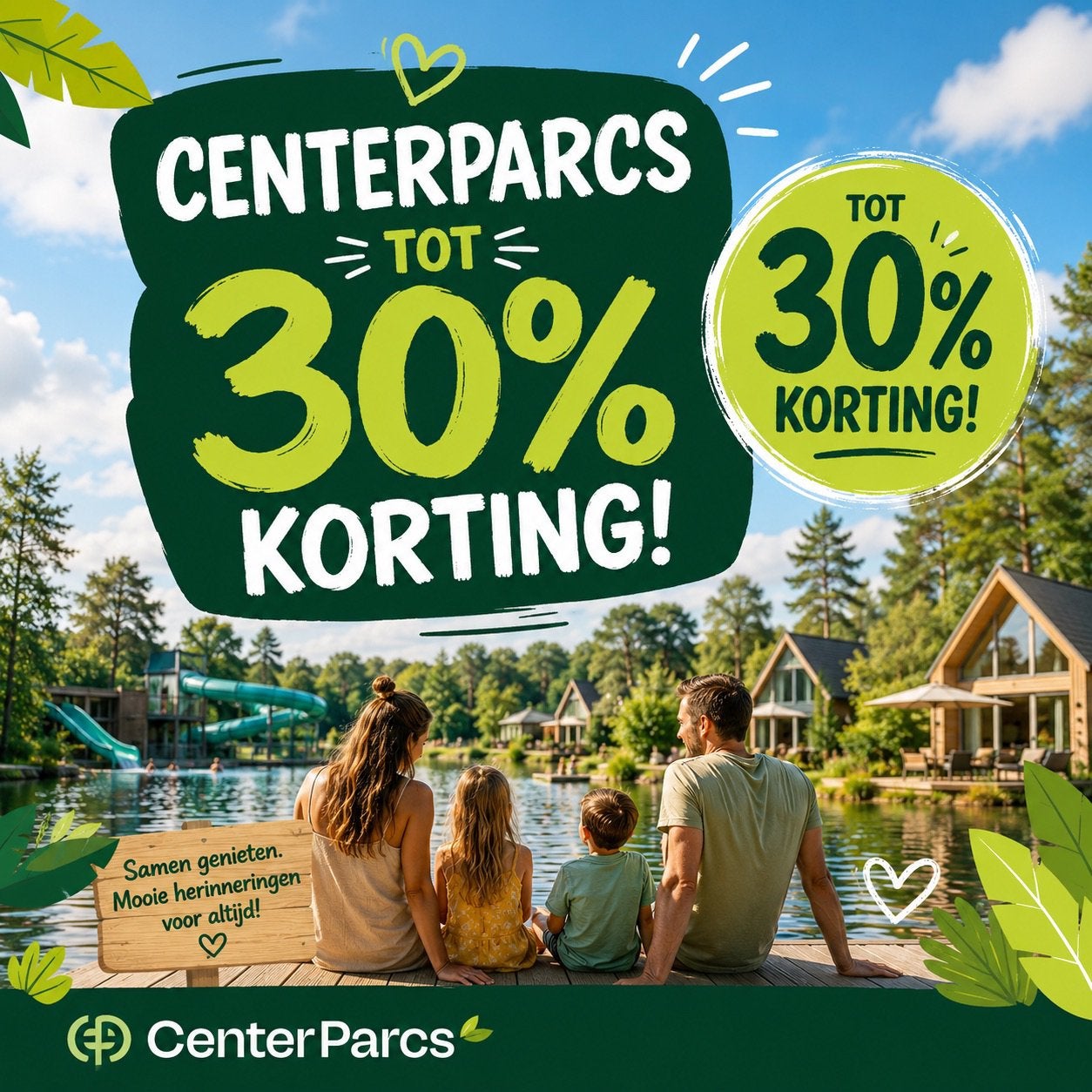 Centerparcs tot 30% KORTING, Drie personen of meer, Kortingsbon, Bungalowpark