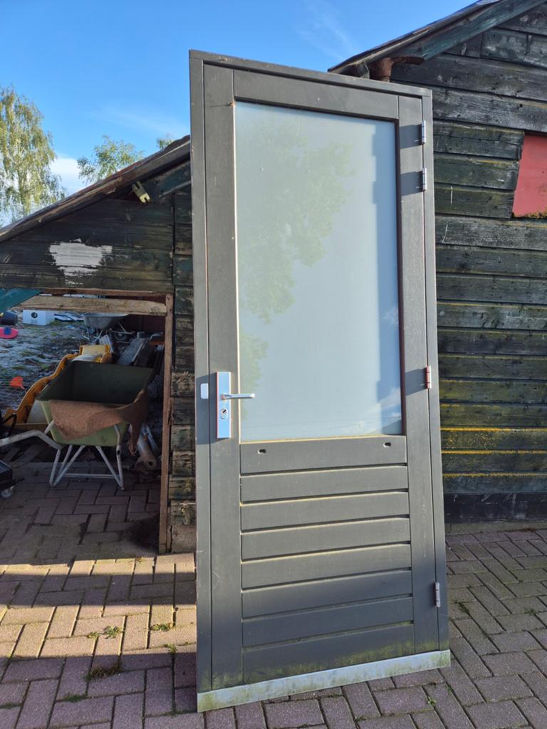 Gebruikte Buitendeur met Glas en Houten Lamellen, Gebruikt, Ophalen of Verzenden, 200 tot 215 cm, Glas