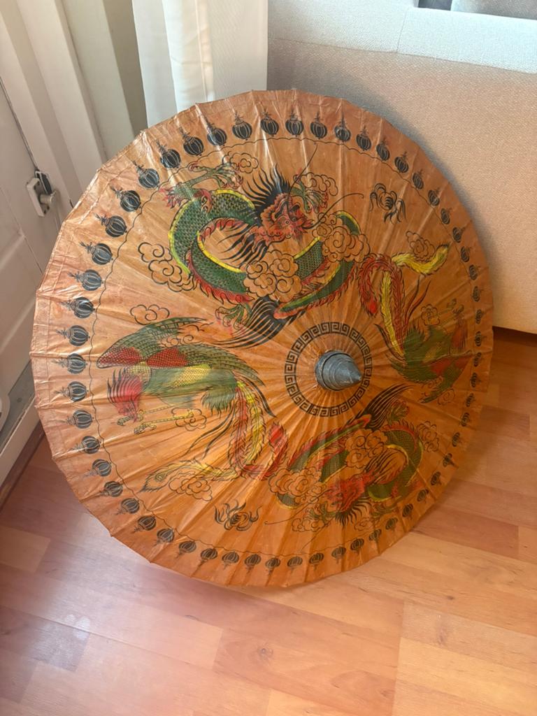 Vintage Chinese oliepapier parasol (jaren '70)Draak & Feniks, Ophalen of Verzenden