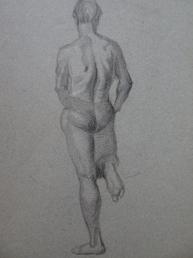 Houtskooltekening naakte man van achteren gezien Ingres, Ophalen of Verzenden, Tekening, Potloodtekening, Origineel