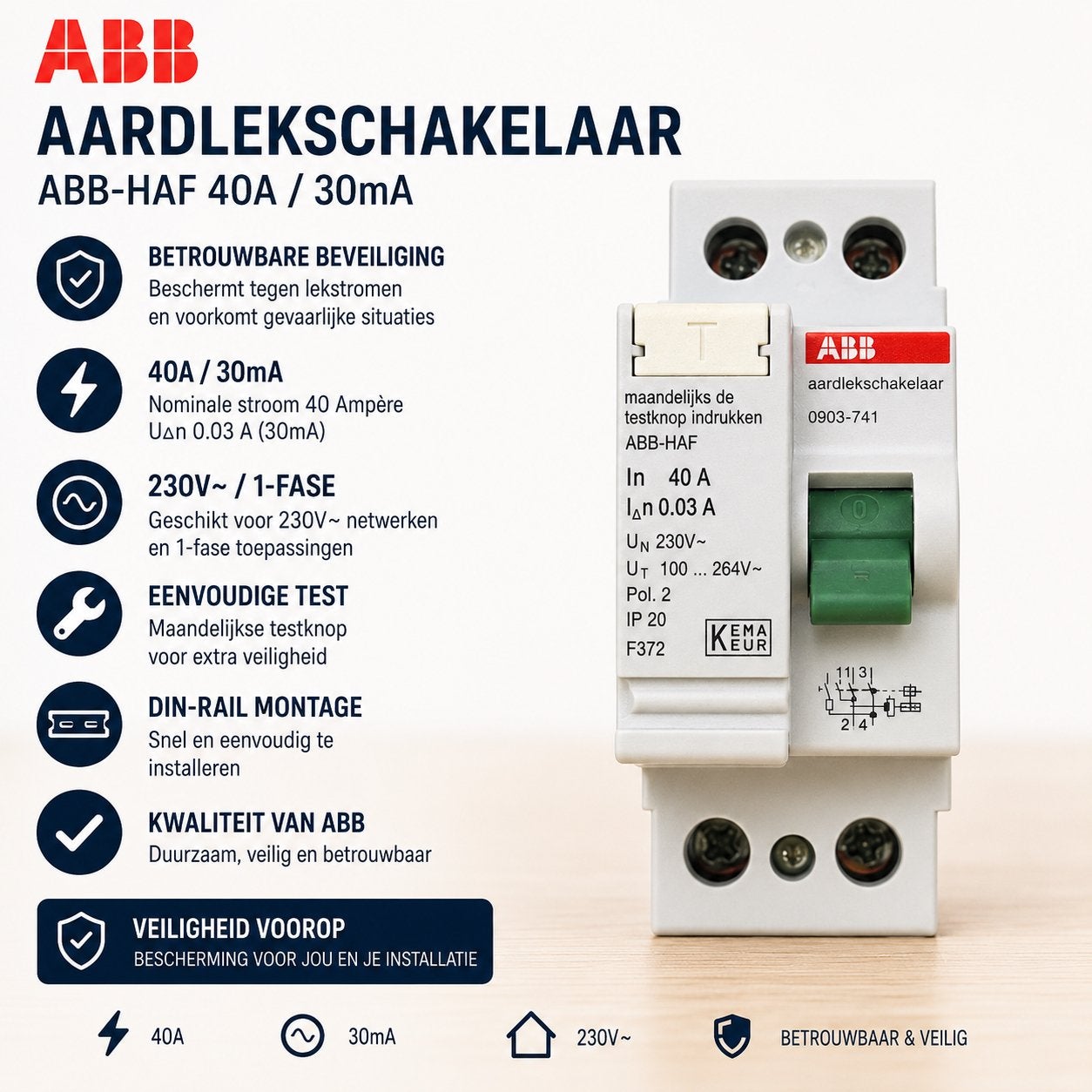 ABB aardlekschakelaar 40A 30mA prijs per stuk, Ophalen of Verzenden, Gebruikt
