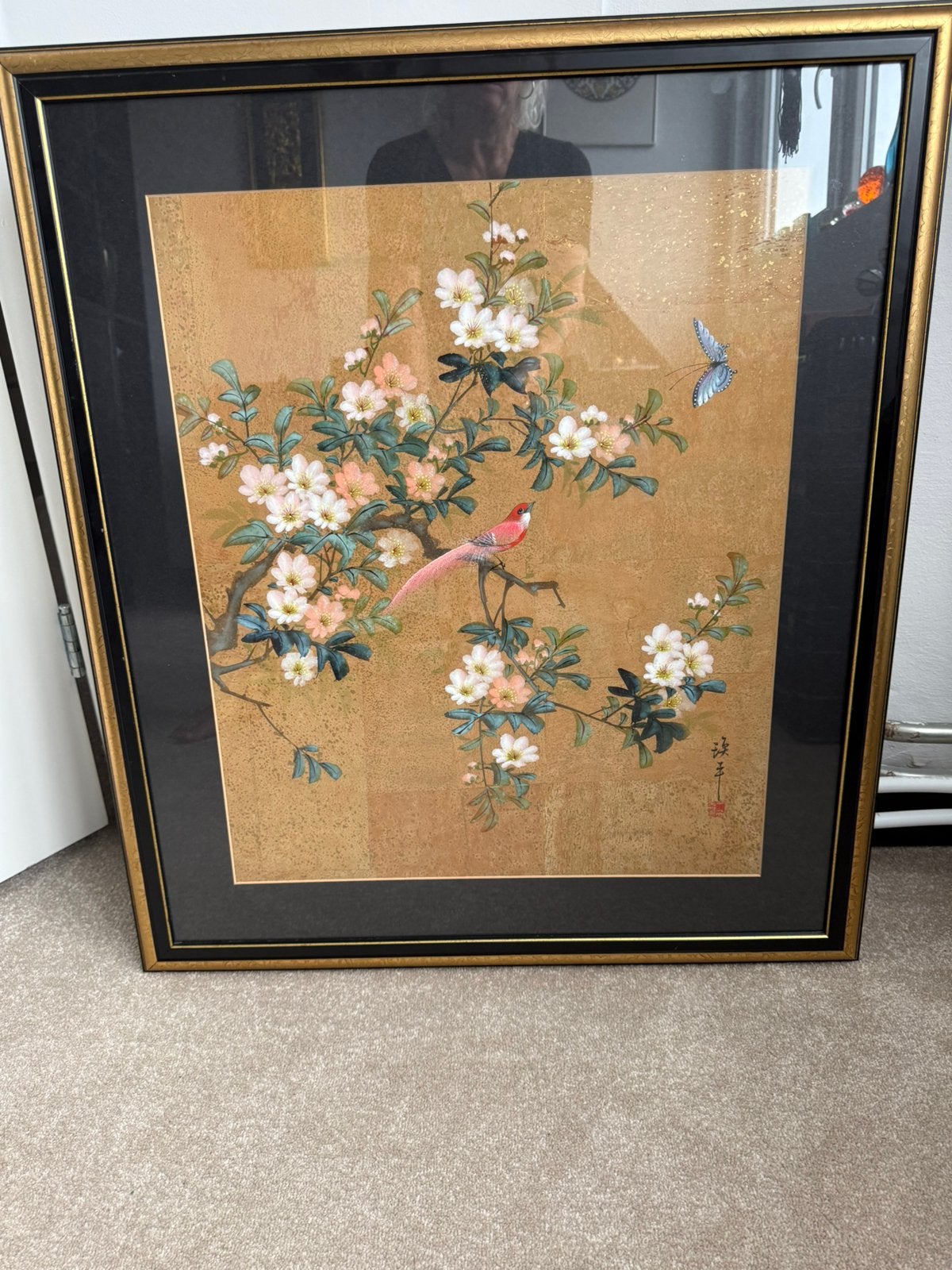 Groot Chinees schilderij op kurk ingelijst achter glas, Ophalen, Schilderij, Natuurlijk materiaal, Handgemaakt