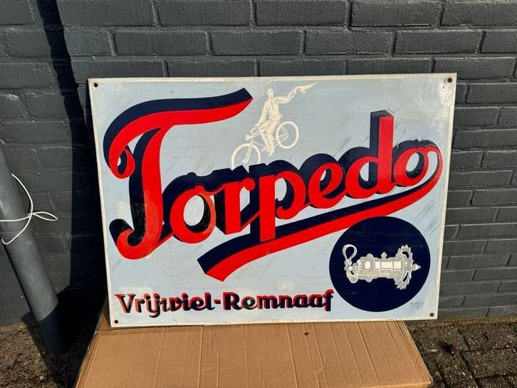 Groot Torpedo Vrijwiel-Remnaaf Emaille Reclamebord, Ophalen