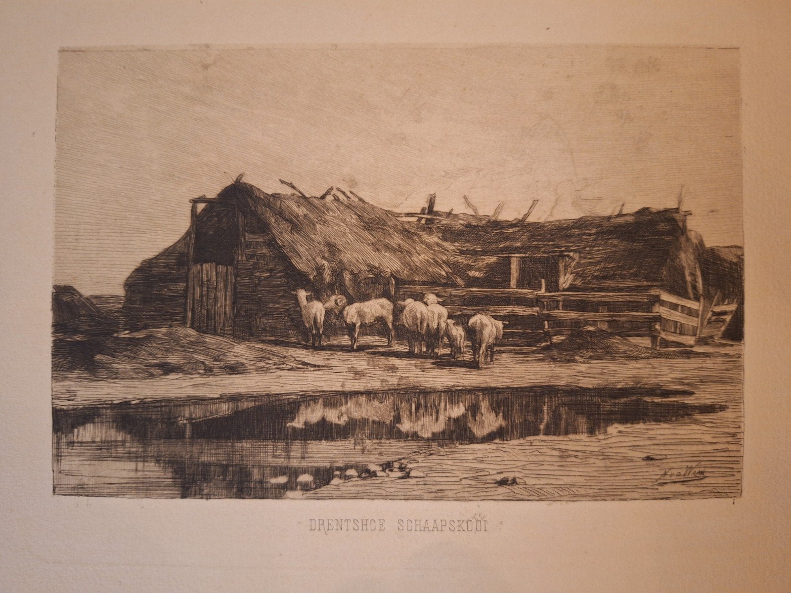 Ets Drentsche Schaapskooi door Nicolaas van der Waay, Antiek en Kunst, Kunst | Etsen en Gravures, 1800 - 1899, Ets, Ophalen of Verzenden