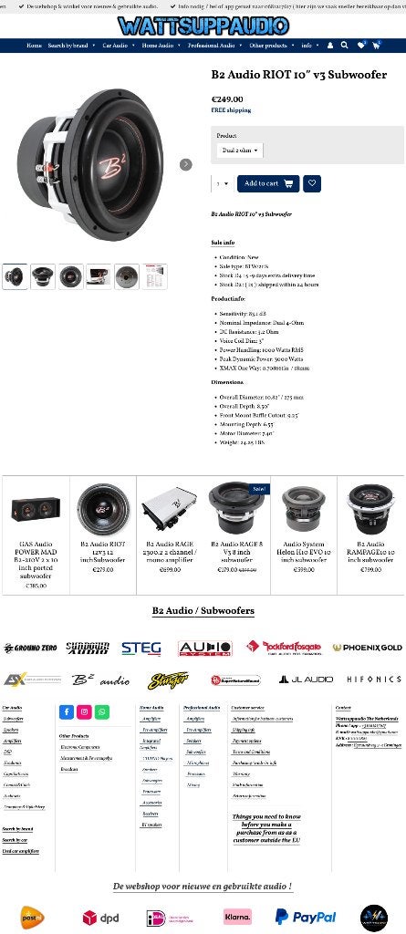 B2 Audio RIOT 10, 10 inch subwoofer 1000W RMS, ., Nieuw, Ophalen of Verzenden, Plantevej 35, 2870 Dyssegaard, Denmark