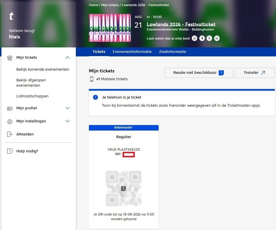 1x ticket voor Lowlands 2026, transfer via Ticketmaster, Tickets en Kaartjes, Evenementen en Festivals, Eén persoon, Meerdaags