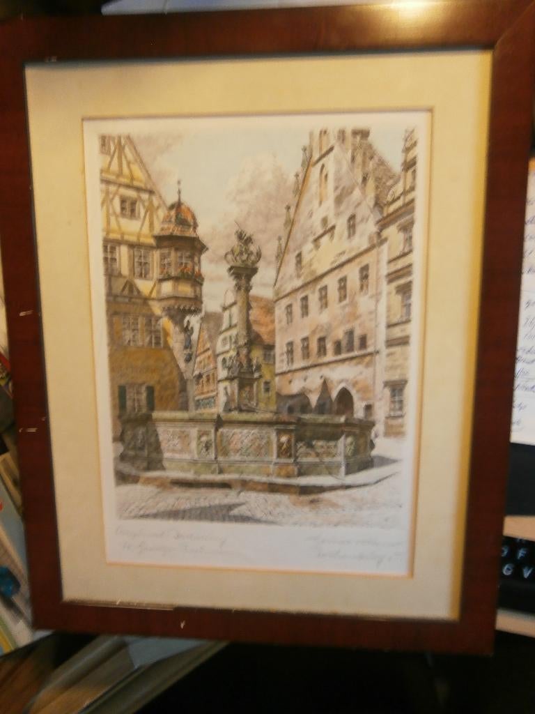 Rothenburg (Dld.) Mooie kleurets Plein,St. George fontein, Antiek en Kunst, Kunst | Etsen en Gravures, Ophalen of Verzenden, Ets