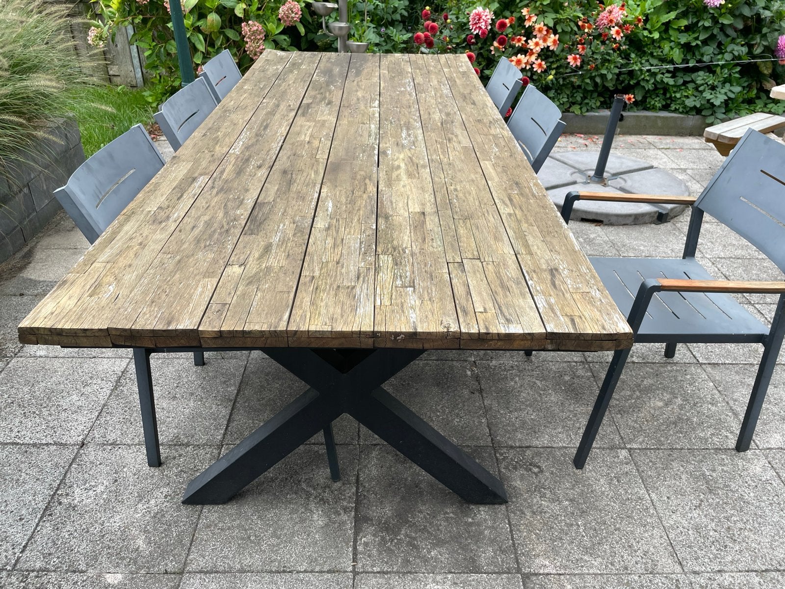 Buiten eettafel met 6 stoelenen, Tuin en Terras, Ophalen, Gebruikt, Rechthoekig, Metaal