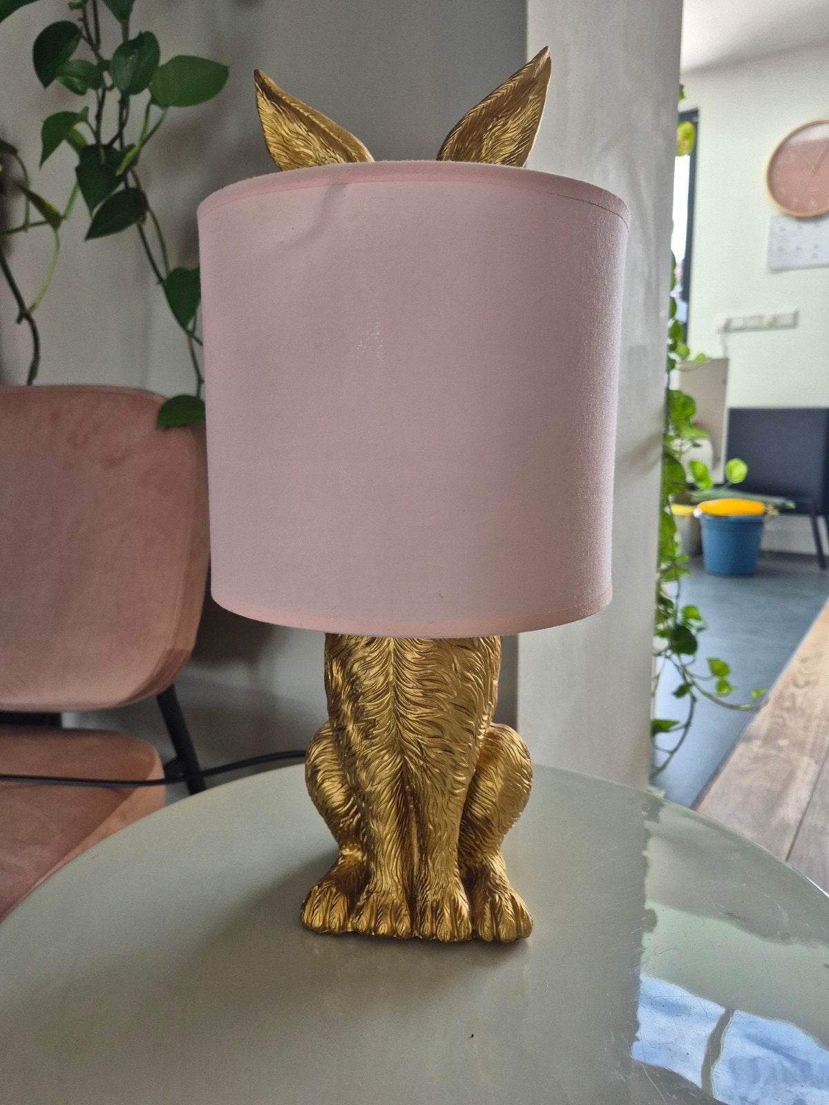 Gouden Konijn Tafellamp met Roze Kap, Ophalen, Goud, Textiel, Sfeerlamp