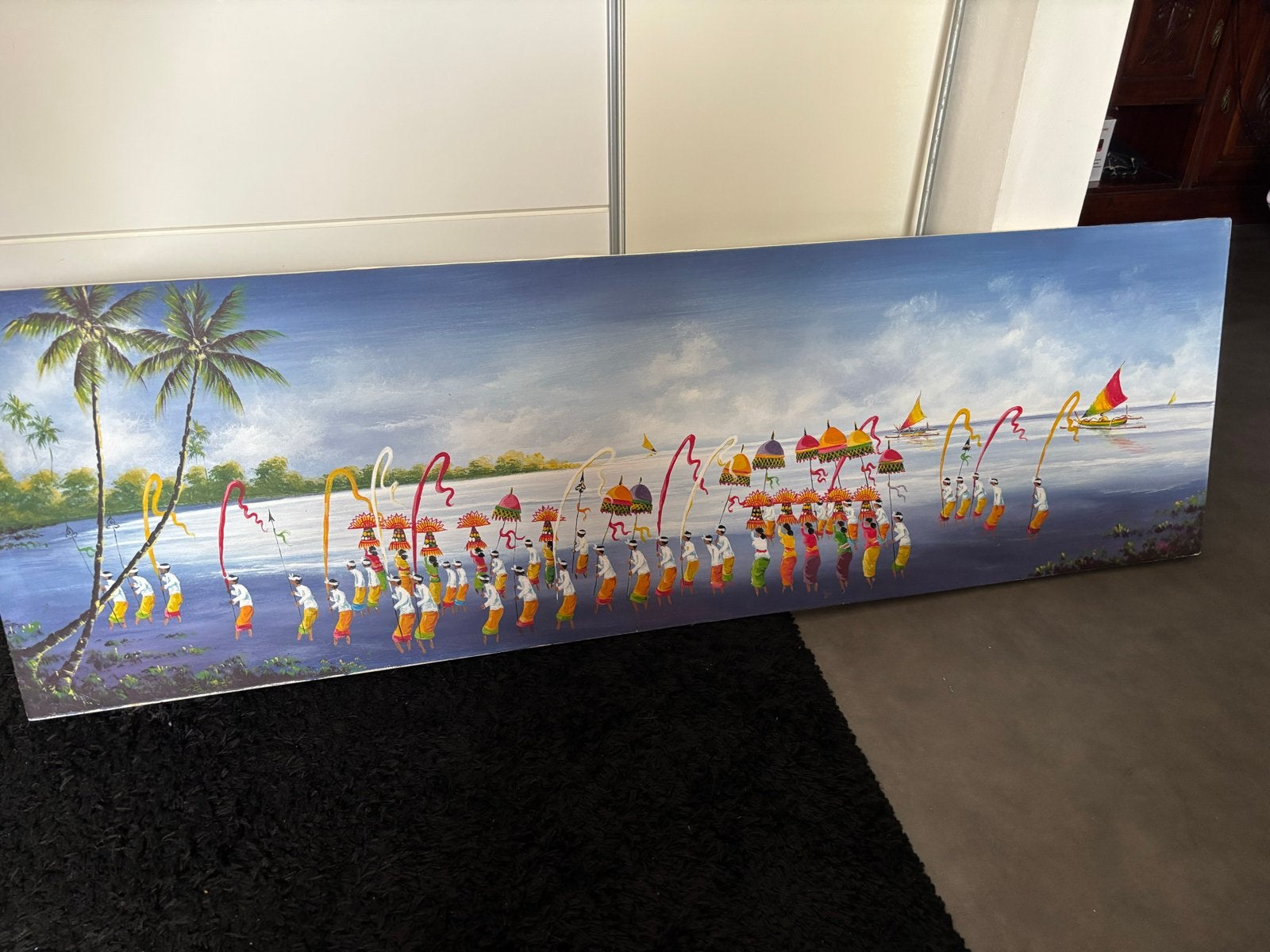 Schilderij Balinese ceremonie aan het water, Antiek en Kunst, Kunst | Schilderijen | Klassiek, Ophalen, Doek, Realistisch, Handgeschilderd