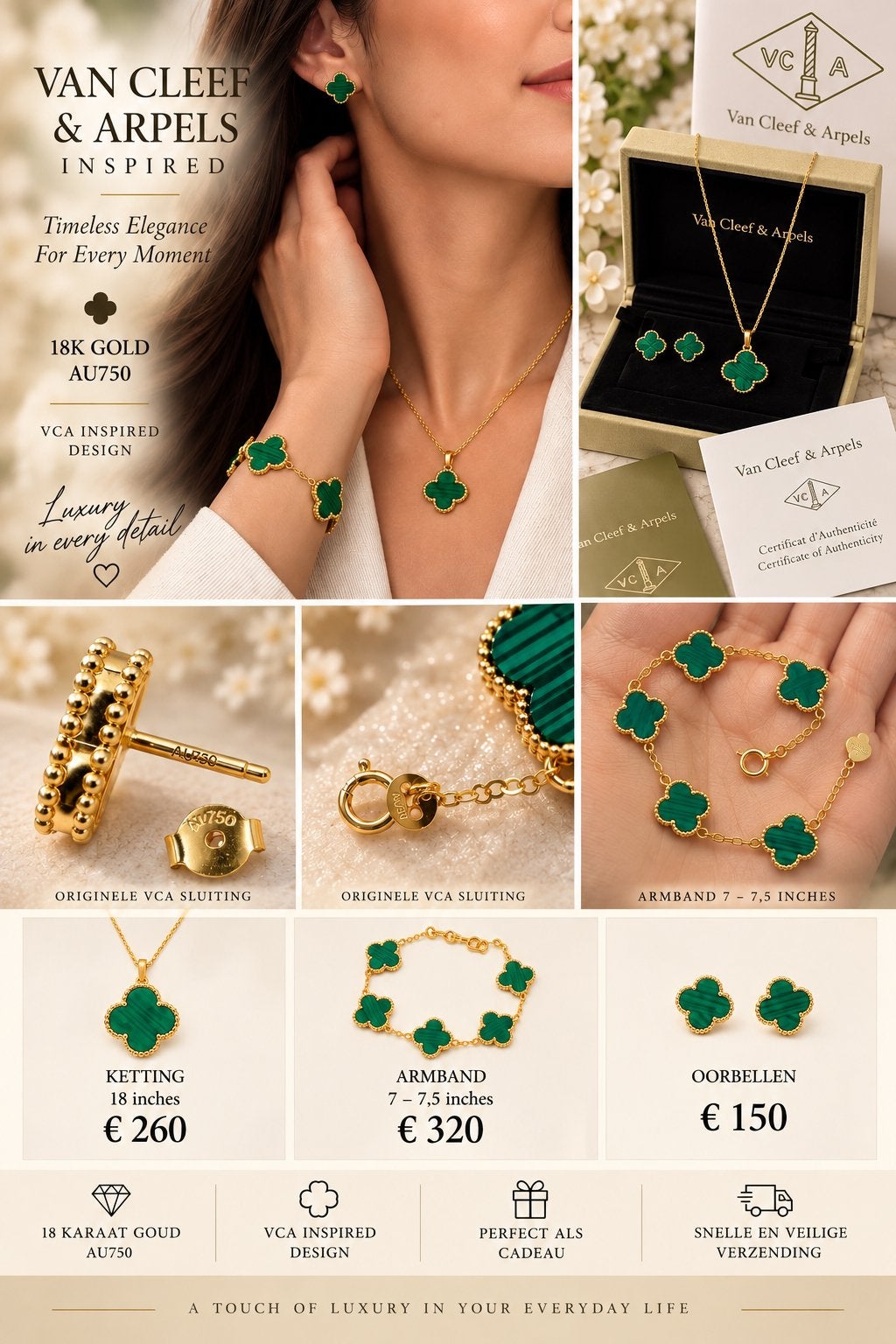 VCA Inspired groene sieradenset 18 karaat goud (AU750), Ophalen of Verzenden, Nieuw, Goud